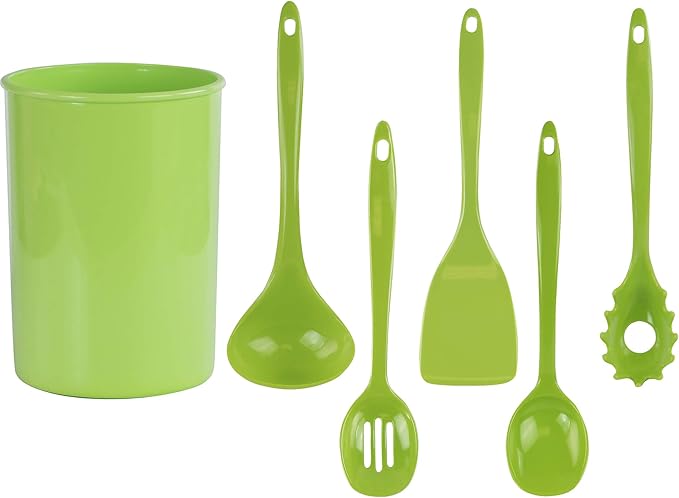 Reston Lloyd 6 Piece Kitchen Utensil Holder for kitchen counter, Utensils crock with Heat Resistant Spoon, Slotted Spoon, Ladle, Spatula BPA Free, Lime