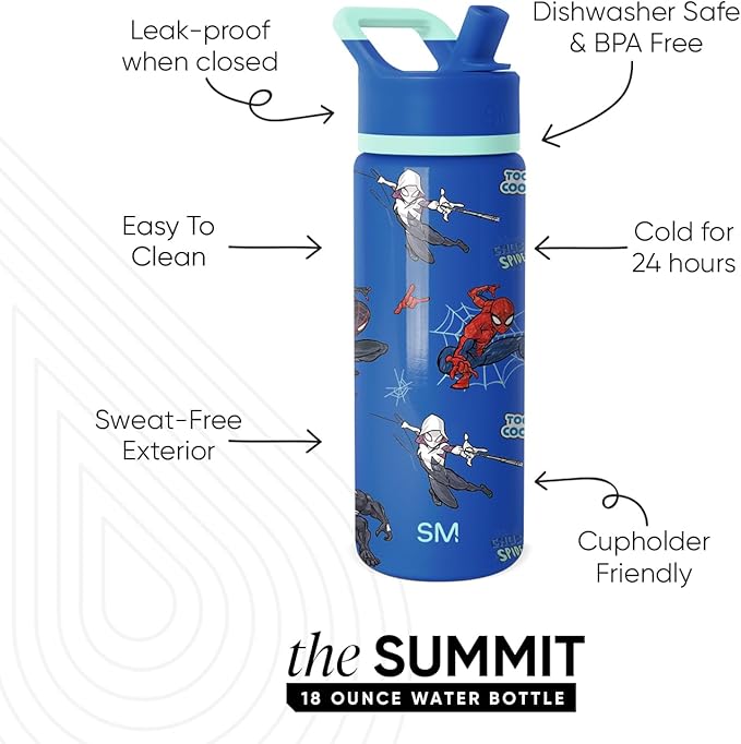 Simple Modern Kids Summit Water Bottle with Straw Lid | Marvel 18oz Stainless Steel Cup Insulated Tumbler for Boys, Girls, School | Spiderman Mashup