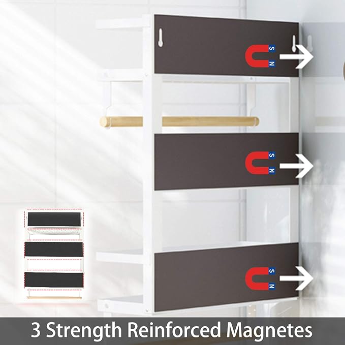 EASTTOWEST Magnetic Spice Rack,4 Tier Kitchen Magnetic Shelf for Refrigerator with 2 Paper Towel Holders and 5 Removable Hooks,Matte White