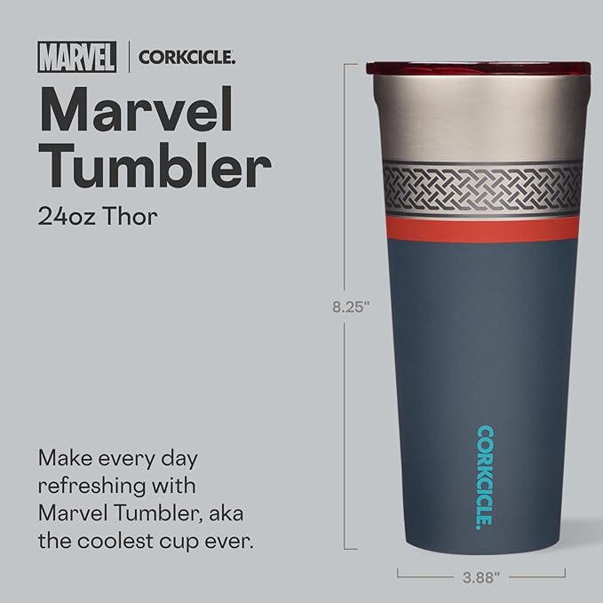 Corkcicle Disney Tumbler - Triple-Insulated Stainless Steel - Keeps Drinks Cold 9 Hours - Spill-Proof Lid - Reusable - Summer Drinkware Gift - Keeps Drinks Ice Cold - 24 oz - Thor