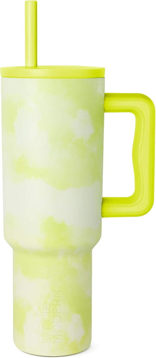 Simple Modern 40 oz Tumbler with Handle and Straw Lid | Leak-Proof Insulated Stainless Steel Water Bottle Travel Mug Cupholder Use | Gifts for Women Men Him Her | Trek Signature | Chartreuse Tie Dye