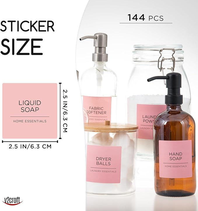144 PCS Minimalist Laundry Room Labels Set, v2croft Water Resistant Stickers,Water/Oil Resistant Stickers for Laundry Room, Linen Closet Home Bathroom and The Beauty Organization（Light Pink