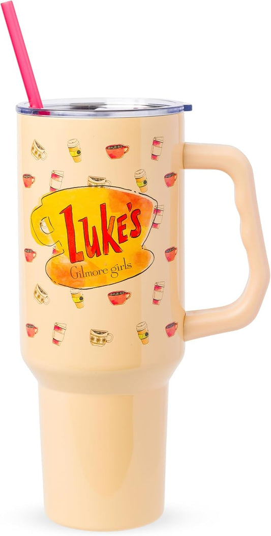 Silver Buffalo Gilmore Girls Luke's Diner Stainless Steel Tumbler with Handle and Straw, Fits in Standard Cup Holder, 40 Ounces