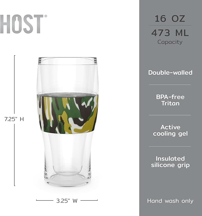Host FREEZE Beer Glasses, Frozen Beer Mugs, Freezable Pint Glass Set, Insulated Beer Glass to Keep Your Drinks Cold, Double Walled Insulated Glasses, Tumbler for Iced Coffee, 16oz, Green Camo