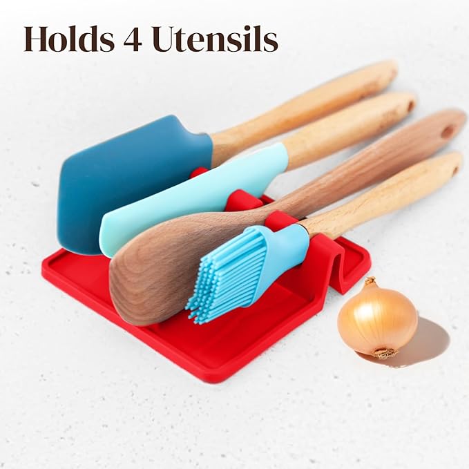 Red Silicone Spoon Rest for Stove Top with Drip Pad (Two Pack) - Heat-Resistant, BPA-Free Utensil Rest & Spoon Holder for Kitchen Counter - Grill Utensil Holder for Spatulas, Tongs, Ladles