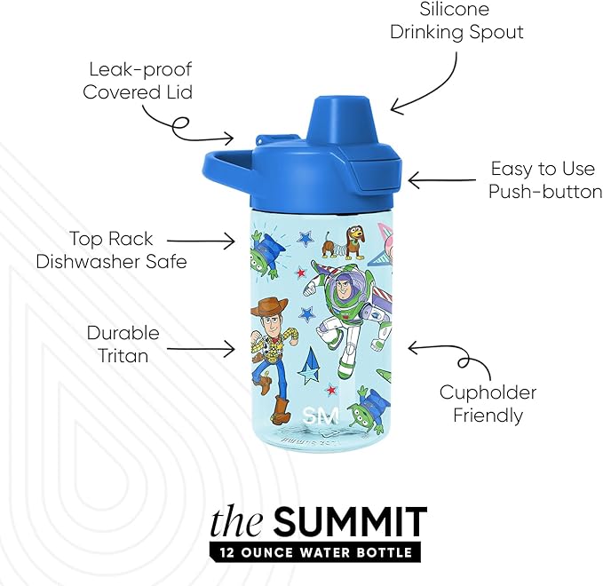 Simple Modern Disney Kids Tritan Plastic Summit Water Bottle | 12 oz BPA-Free Cup with Covered Leak Proof Straw Lid for Boys, Toddlers | Buzz and Woody Adventures