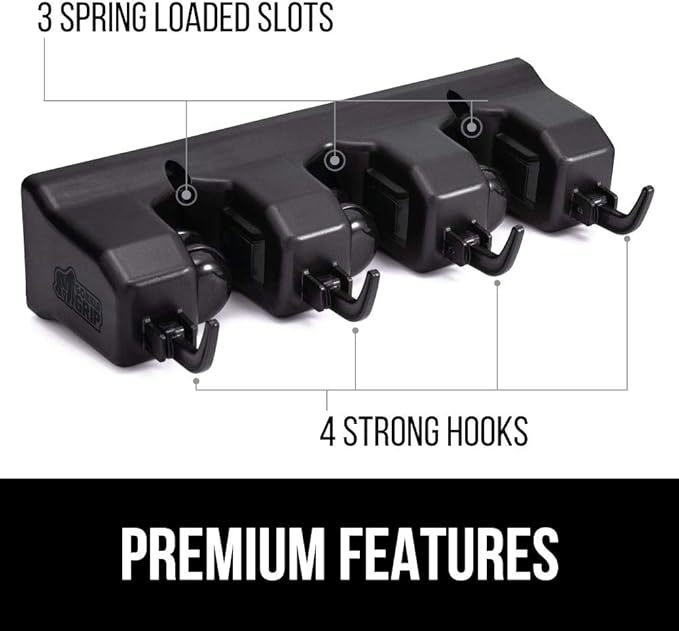 GORILLA GRIP Wall Mount Hook Fixture, Also Includes Slots to Hold Mop, Broom, Tools, Easy Install, Organize Cleaners, Tools, Home, Kitchen, Garage, 4 Hooks 3 Slots, Black