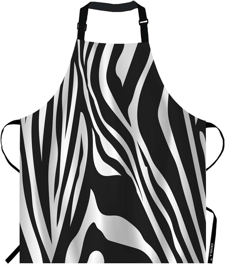 EKOBLA Zebra Stripes Aprons Black And White Zebra Print Animal Pattern Skin Abstract Art Waterproof Resistant Chef Cooking Kitchen BBQ Adjustable Aprons for Women Men 27x31 Inch