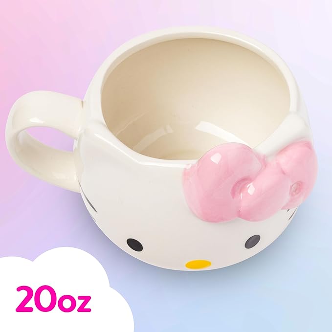 Silver Buffalo Sanrio Hello Kitty Pink Bow Ceramic 3D Sculpted Mug, 20 Ounces