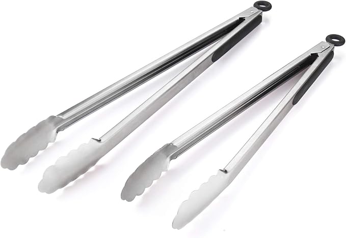 304 Stainless Steel Kitchen Cooking Tongs, 14" and 16" Set of 2 Sturdy Grilling Barbeque Brushed Locking Food Tongs with Ergonomic Grip, Black