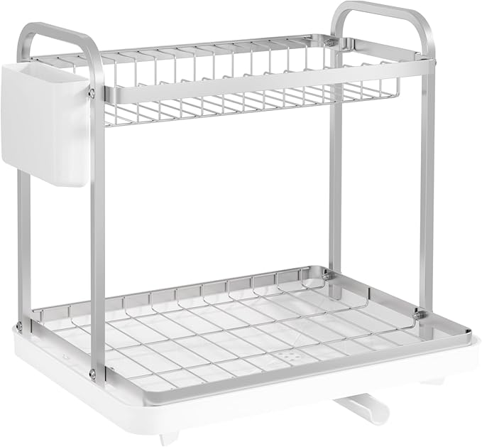 2-Tier Dish Drying Rack - Stainless Steel Dish Rack with Cutlery & Utensil Holders for Kitchen Counter, Sink Organization and Storage Essentials, Home Decor, 15" W x 11.4" L x 15" H, White