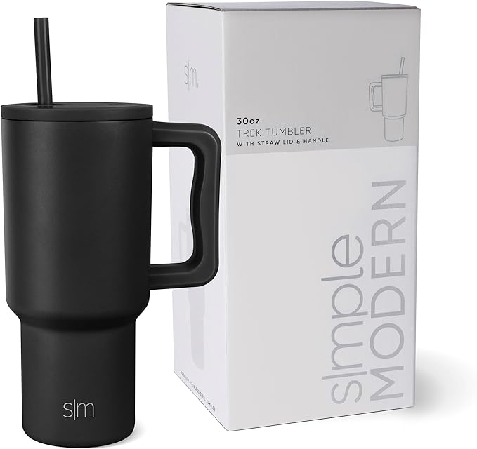 Simple Modern 30 oz Trek Tumbler with Handle and Straw Lid | Cup Holder Friendly Insulated Stainless Steel Travel Mug | Midnight Black