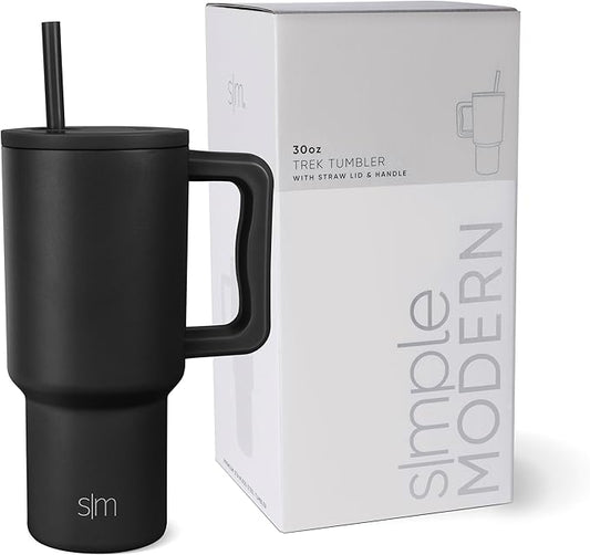 Simple Modern 30 oz Trek Tumbler with Handle and Straw Lid | Cup Holder Friendly Insulated Stainless Steel Travel Mug | Midnight Black (Pack of 12)