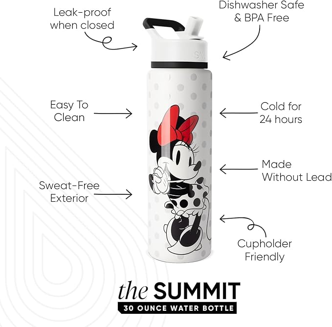 Simple Modern Summit Water Bottle with Straw Lid | Disney 30oz Leak Proof Stainless Steel Insulated Cup | Gifts for Her Him | Minnie Mouse Love