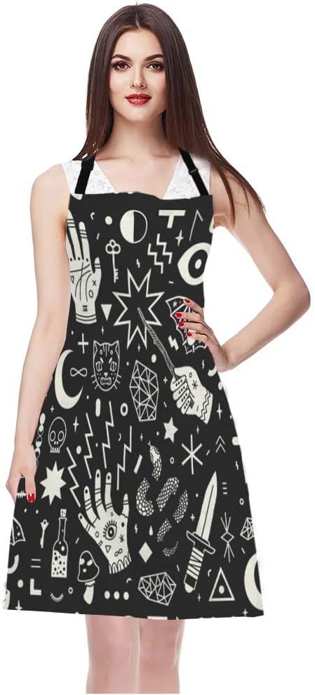 EKOBLA Magical Witchcraft Aprons Hand Eyes Moon Skull Cat Bat Snake Dagger Mushroom Key Waterproof Resistant Chef Cooking Kitchen BBQ Adjustable Aprons for Women Men 27x31 Inch
