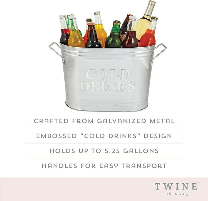 Twine Insulated Drink Galvanized Bucket, Beer and Beverage Tub, Metal Bucket, Ice Buckets for Parties, Holds 5.35 Gallons, Silver