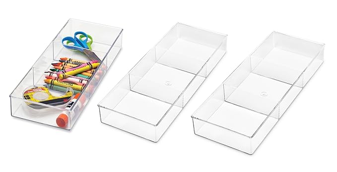 Whitmor 3 Section Small Drawer Organizer - Easy Clean Clear Plastic Resin - Set of 3