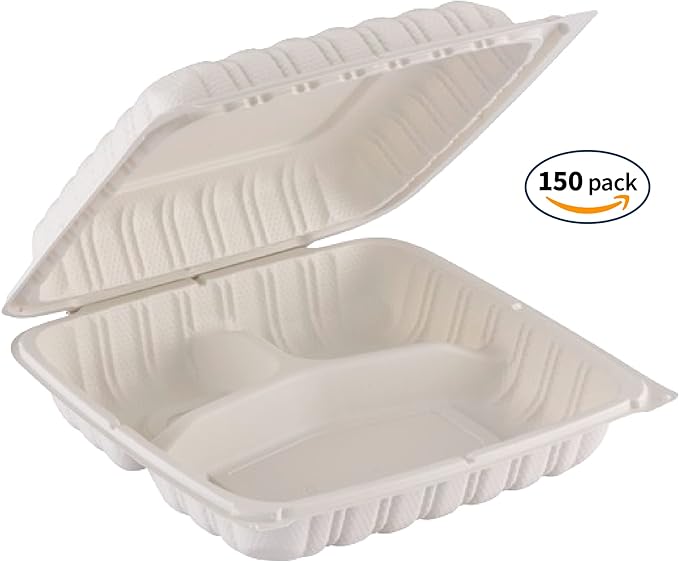 TIYA Clamshell Food Containers - 3-Compartment To-Go Containers - Microwavable Plastic with Hinged Lid - Great for Meal Prep (Bulk 150 Pack, White, 9x9 in) - BPA-Free