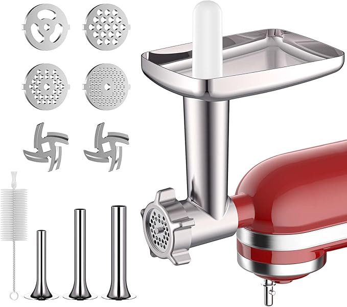 Metal Meat Grinder Attachment for KitchenAid Stand Mixers, Food Grinder Attachment Includes 4 Grinding Plates, 3 Sausage Stuffer Tubes, 2 Grinding Blades, Grinder and Sausage Stuffer by COFUN