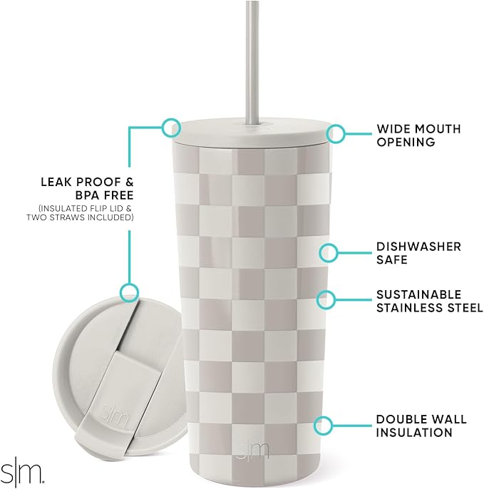 Simple Modern Insulated Tumbler with Lid and Straw | Iced Coffee Cup Reusable Stainless Steel Water Bottle Travel Mug | Gifts for Women Men Her Him | Classic Collection | 20oz | Checkmate