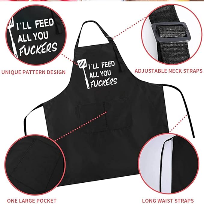 ZOORON Funny Black Chef Aprons for Men Adjustable BBQ Grill Kitchen Cooking Aprons with Pockets, Grill Accessories