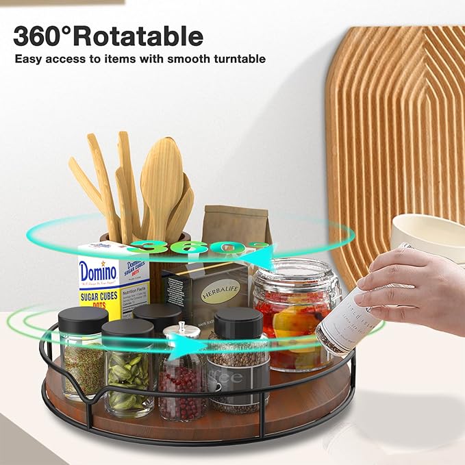 Lazy Susan Turntable Organizer for Cabinet Pantry Kitchen Countertop Refrigerator Cupboard, Pine Wood, 9", Brown
