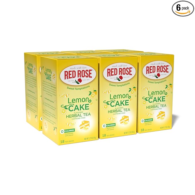 Red Rose Sweet Temptations Dessert Tea Lemon Cake, Zero Carbs, Zero Sugar Bursting with Flavor Caffeine-Free Delicious Beverage Herbal Tea, 18 Count Pack of 6 Fruit Naturally Flavored Herbal Tea