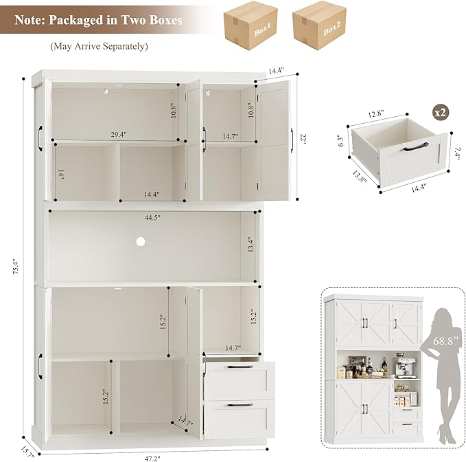 HOSTACK 76" Tall Kitchen Pantry Storage Cabinet, Farmhouse Kitchen Hutch Cabinet with Microwave Stand, 47" Wide Food Pantry with Drawers and Shelves, Large Coffee Bar Station for Dining Room, White