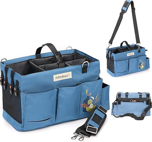 FifthStart Multiuse Organizer Bag - X-Large, Blue - 9 Pockets & Mesh Base for Cleaning Supply Organizer - Adjustable Waist & Shoulder Straps for Cleaning Caddy - Use as Housekeeping Caddy