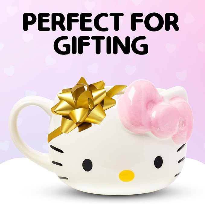 Silver Buffalo Sanrio Hello Kitty Pink Bow Ceramic 3D Sculpted Mug, 20 Ounces