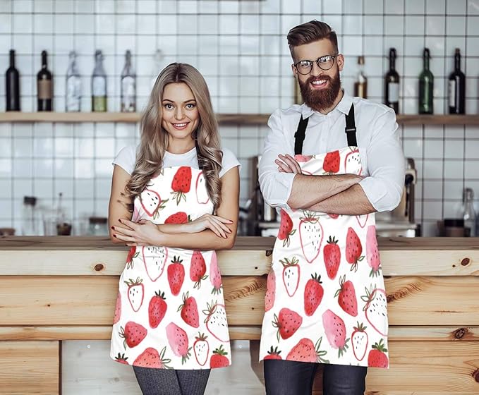 EKOBLA Strawberry Aprons Abstract Watercolor Hand Drawn Beautiful Fruit Fresh Sweet Spring Waterproof Resistant Chef Cooking Kitchen BBQ Adjustable Aprons for Women Men 27x31 Inch
