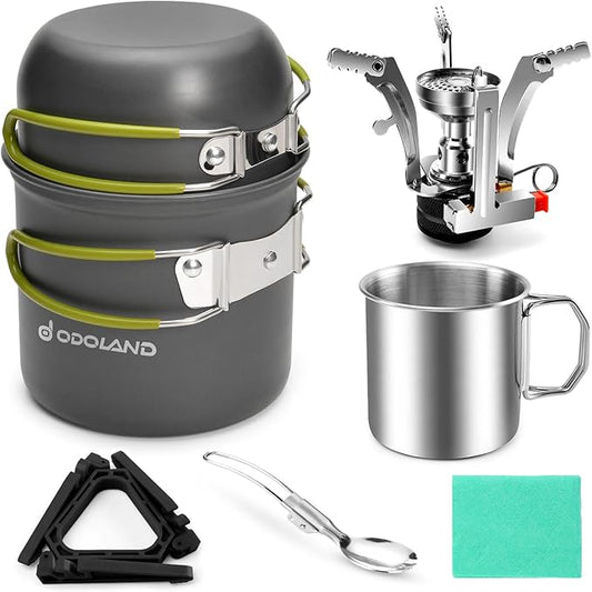Odoland 8pcs Camping Cookware Mess Kit, Camping Pot and Pan Set with Mini Backpacking Stove, Stainless Steel Cup, Spork and Tank Bracket, Cooking Gear for Outdoor, Hiking, Picnic, Campfire