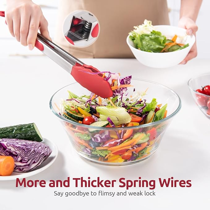 600ºF Heat Resistant Kitchen Tongs: U-Taste 12 inch Large Silicone Cooking Tong with Sturdy Non Stick Rubber Tips & Silicon Coated 18/8 Stainless Steel Handle & Smooth Locking for Serving Grill (Red)