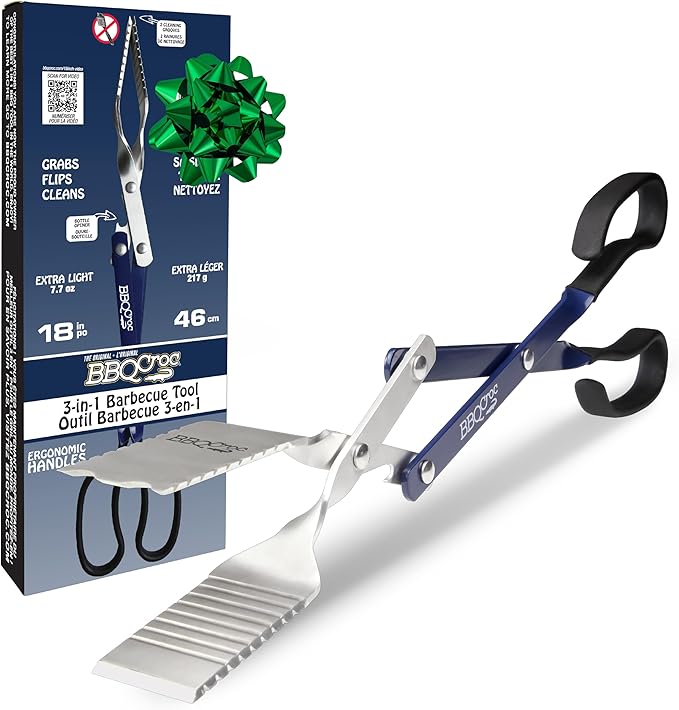 BBQCroc 3 in 1 Barbecue Tool 18-inch - Light and Long Tongs, Spatula and Grill Scraper (Blue) (18 inch Without Flashlight)