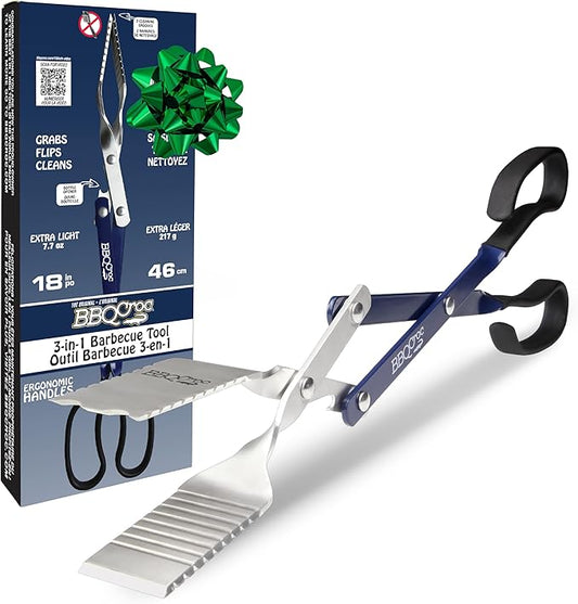 BBQCroc 3 in 1 Barbecue Tool 18-inch - Light and Long Tongs, Spatula and Grill Scraper (Blue) (18 inch Without Flashlight)