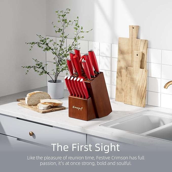 Emojoy 15-Piece Kitchen Knife Set with Wooden Block, German Stainless Steel Sharp Chef Knife Set, Dishwasher Safe and Rust Proof (Red)