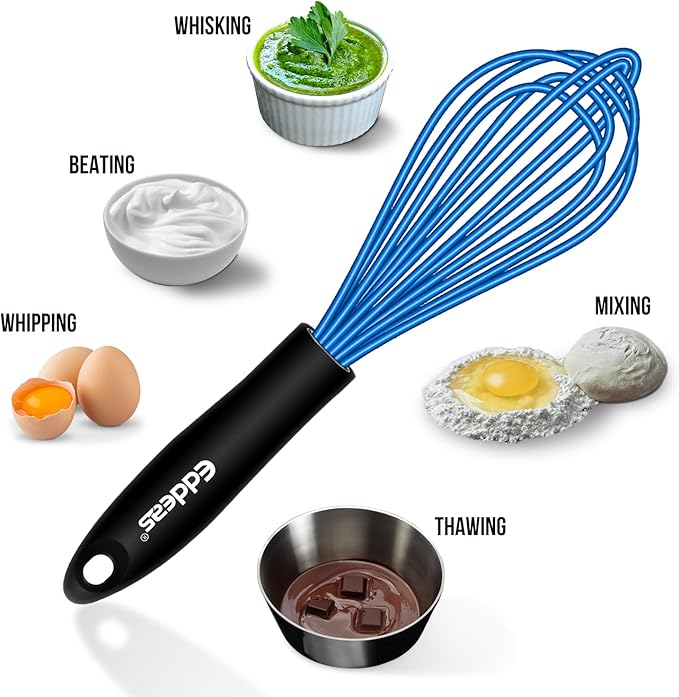 Silicone Whisk, Non Scratch Whisk for Cooking, 5+7+9+11in Balloon Whisks, Suitable for Mixing, Blending. 11in Flat Whisks great for Ceramic Coated pans and Wider shallower pots. (Blue)