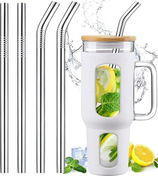 12" Stainless Steel Straws Replacement for Stanley Adventure Quencher 40 oz 30 oz Cup Tumbler, 4 Pack Metal Straws Reusable with Cleaning Brush for Stanley 40 oz & Simple Modern Tumbler with Handle