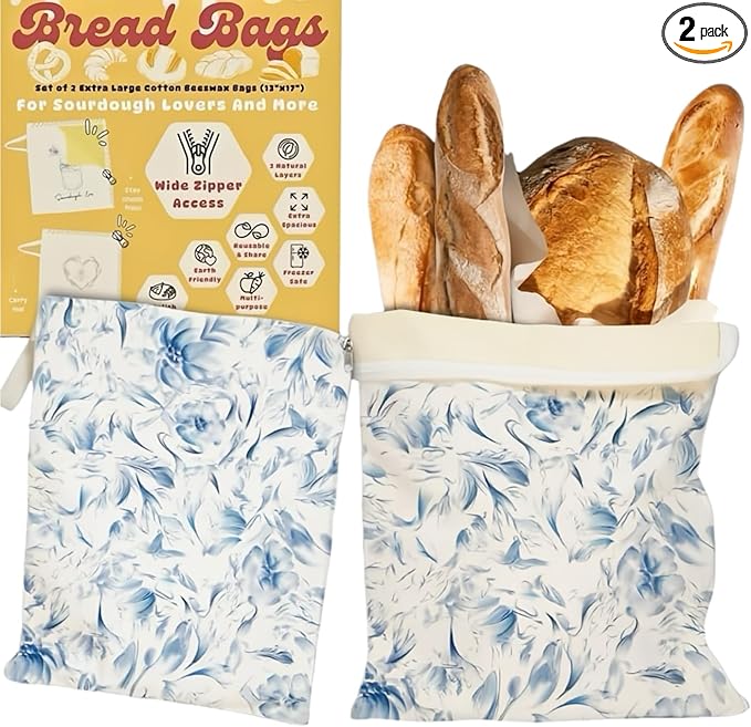 Wide Zipper Access Cotton &Beeswax Bags for Homemade Bread 2 Pack XL Reusable Beeswax Bread Bags for Homemade Bread Freezer Organic Cotton Food Storage Bags to Keep Fresh