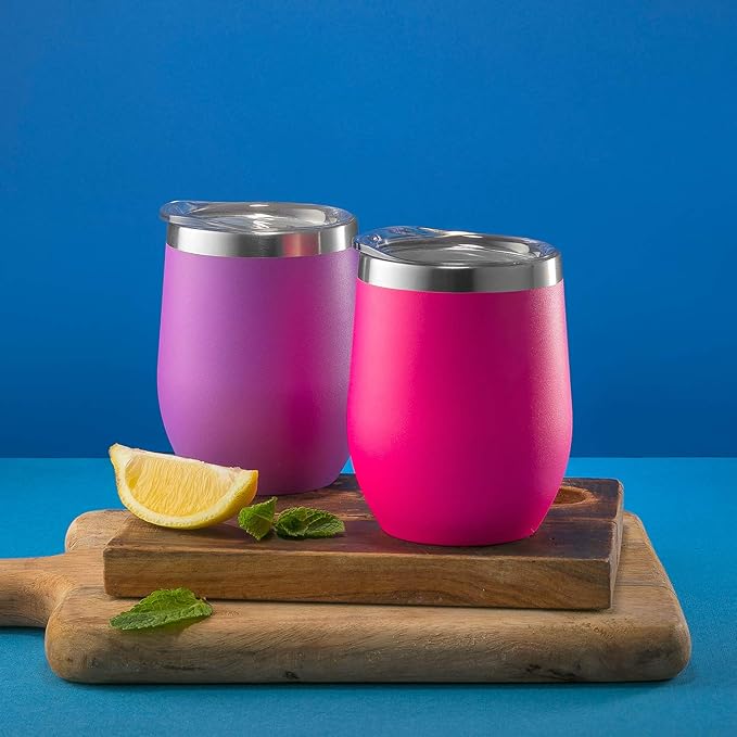 CHILLOUT LIFE 12 oz Stainless Steel Wine Tumbler with Lid - Double Wall Vacuum Insulated Wine Cup Glass Keeping Cold & Hot for Coffee, Champagne, Cocktails, Ice Cream - Powder Coated Pink