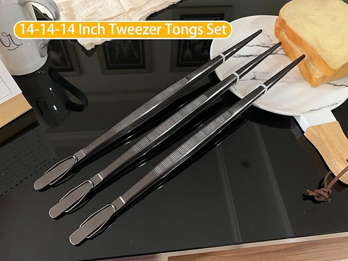 JETKONG 14-Inch Long Stainless Steel Thin Tongs Heavy Duty Kitchen Cooking Tweezers Tongs, Set of 3 (14 14 14 Inch, Black)