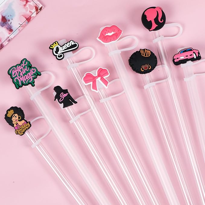 9PCS Straw Covers for Stanley Cup Tumbler 30 oz / 40 oz Leak Proof Straw Toppers 10mm Silicone Cute Caps for Stanley Cup Accessories-Black Girl