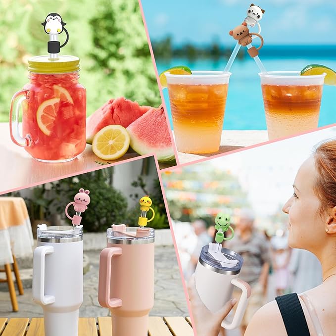 Silicone Cute Animal Straw Cover Cap for Stanley 30&40 Oz Tumbler with Handle, 6 Count, 10mm, Color 2