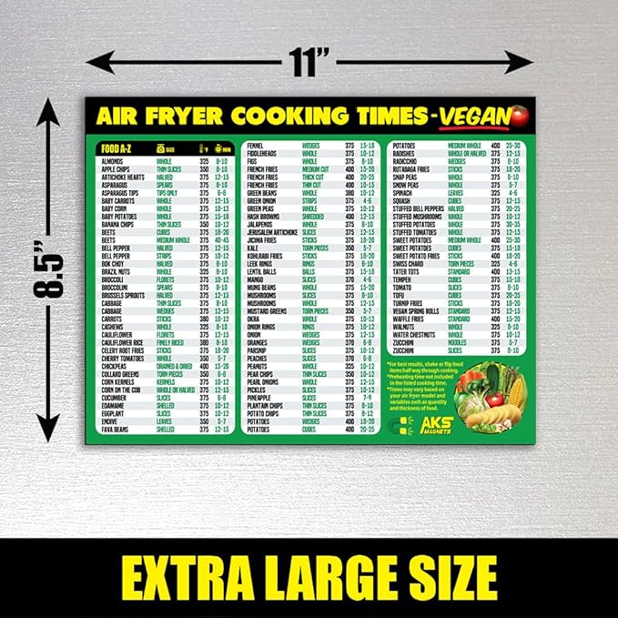 Air Fryer Cheat Sheet Magnet, Vegan Edition - Air Fryer Cooking Times Chart for 100 Vegan Food Items - Magnetic Airfry Guide for Vegetarian Cookbooks and Recipes - Plant Based Diet Airfryer Accessory
