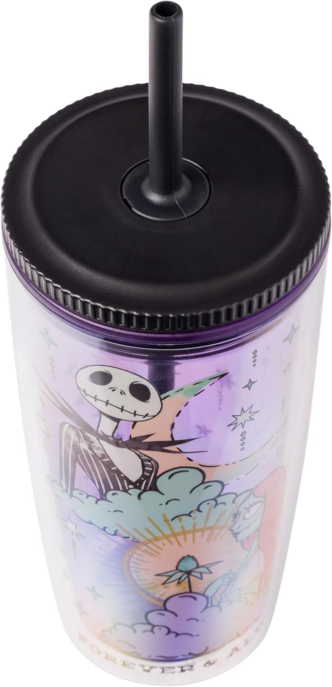 Silver Buffalo Disney Nightmare Before Christmas “Forever and Always” Spill Resistant Plastic Tumbler Featuring Jack Skellington and Sally, 20 Ounces