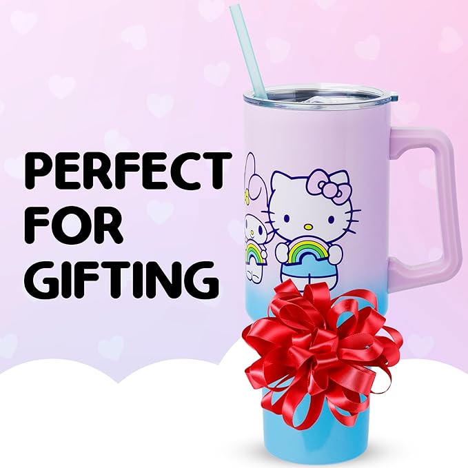 Silver Buffalo Sanrio Hello Kitty and Friends Featuring My Melody, Kuromi, and Pompompurin Rainbow Ombre Stainless Steel Tumbler with Handle and Straw, Fits in Standard Cup Holder, 40 Ounces