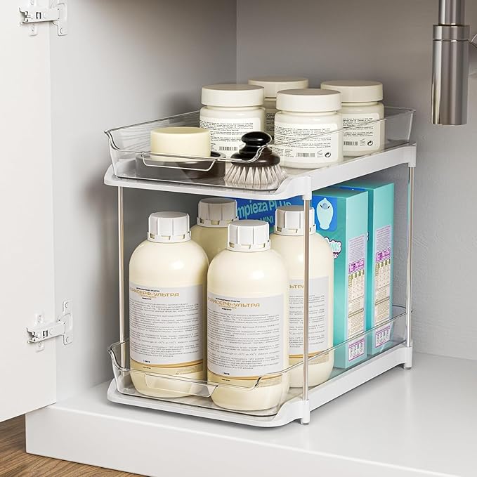 Delamu 2-Tier Multi-Purpose Bathroom Under Sink Organizers and Storage, Stackable Kitchen Pantry Organization, Pull Out Medicine Cabinet Organizer with Movable Dividers, Pure White, 1 Pack