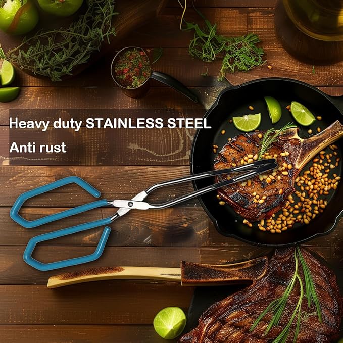 Stainless Steel Scissor Tongs, Heavy Duty, Kitchen Tongs for Food Cooking Barbecue BBQ Grilling and Serving (2pcs Blue)
