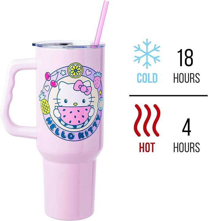 Silver Buffalo Sanrio Hello Kitty Summer Kawaii Fruits Stainless Steel Tumbler with Handle, Fits in Standard Cup Holder, 40 Ounces