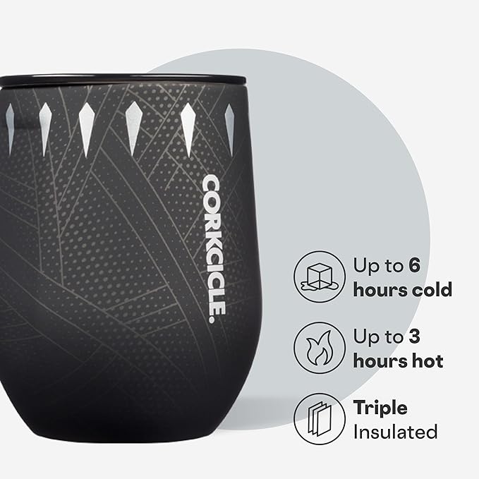 Corkcicle Stemless Insulated Wine Glass Tumbler - Keeps Beverages Cold 6 Hours & Hot 3 Hours - Stainless Steel - Easy-Grip - Summer Drinkware Gift - Keeps Drinks Ice Cold - 12 oz - Black Panther